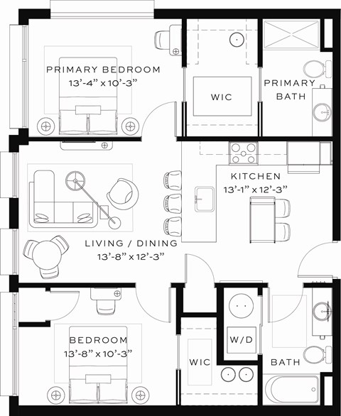 Floor plan for 2 beds, 2 baths, 894 sqft